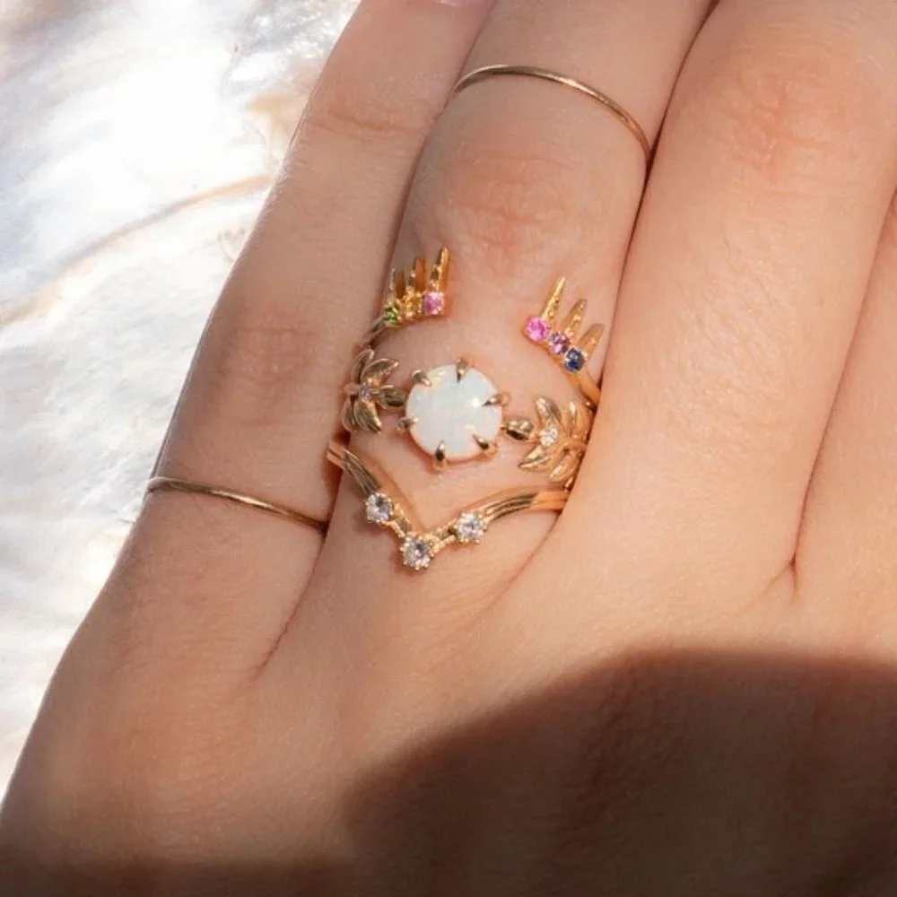 💍"Dainty Opal CZ Gold Plated Beautiful Fashion Leaf Trendy Ring, UNVN120… - Picture 3 of 4